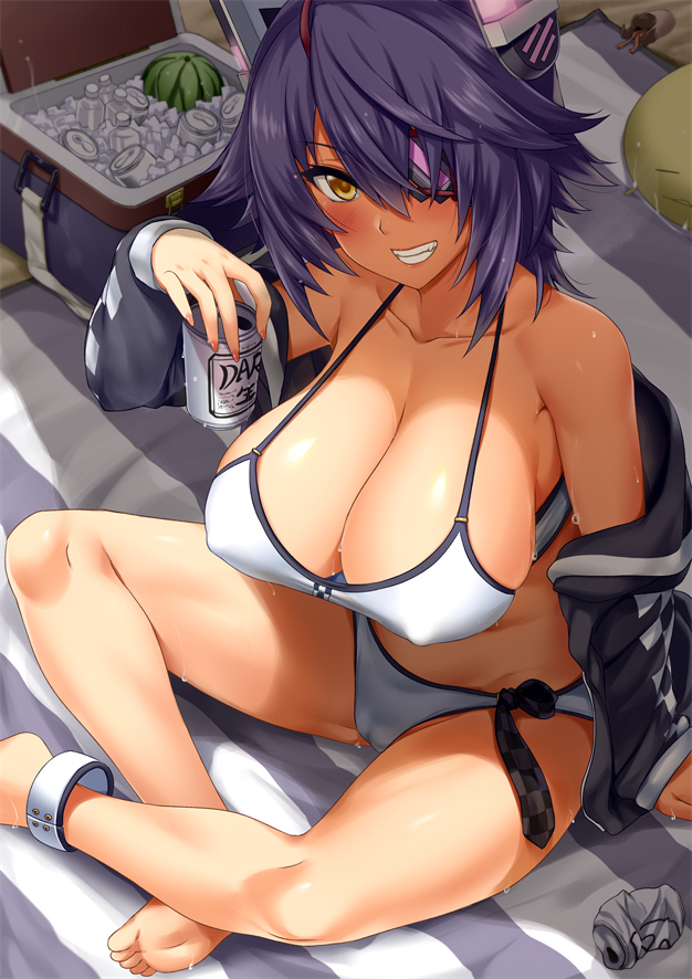 1girl alcohol anklet beer bikini blanket blush breasts can cleavage collarbone cooler covered_nipples darkmaya day eyepatch halter_top halterneck headgear holding huge_breasts jewelry kantai_collection off-shoulder_sweater outdoors patreon_logo purple_hair short_hair sitting smile soda_can sweater swimsuit tenryuu_(kantai_collection) white_bikini yellow_eyes