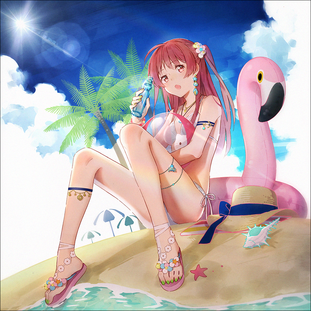 1girl ahoge armlet bangs beach bikini bird blue_sky breasts cleavage day earrings eyebrows_visible_through_hair flamingo full_body hakusai_(tiahszld) hat hat_removed headwear_removed innertube jewelry looking_at_viewer ocean one_side_up open_mouth original outdoors palm_tree red_eyes redhead revision sandals seashell shell side-tie_bikini side_ponytail sitting sky starfish sun sunlight swimsuit symbol_commentary tree white_bikini