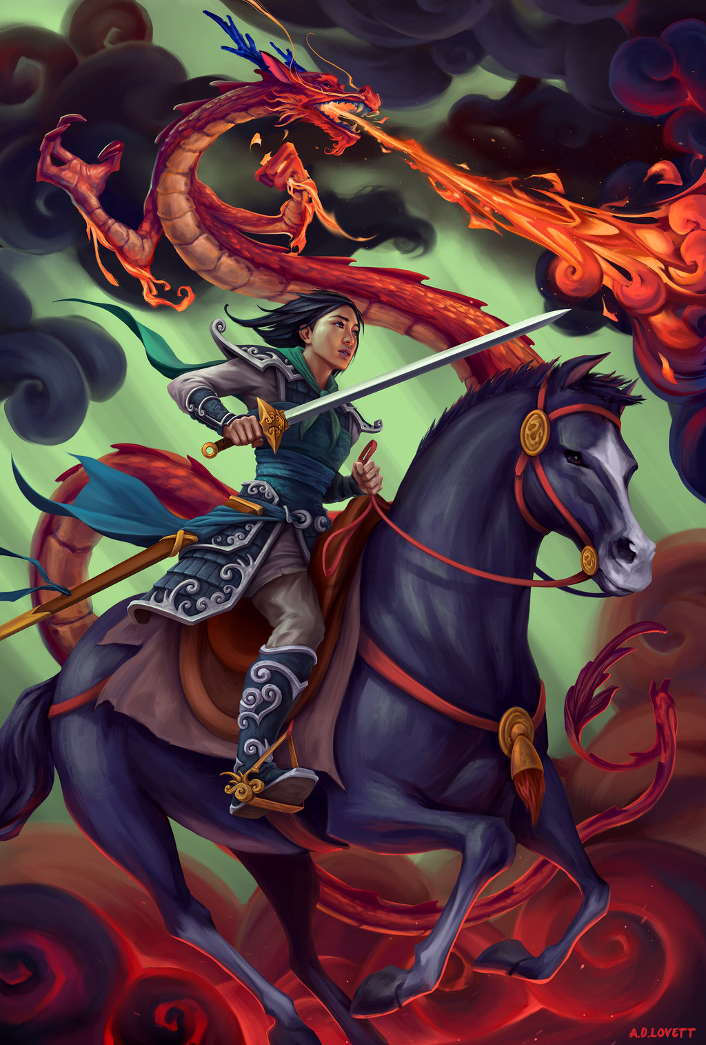 1girl adlovett black_eyes black_hair breathing_fire brown_eyes claws crossdressinging disney dragon eastern_dragon fa_mulan_(disney) fire from_side full_body highres holding holding_sword holding_weapon horse horseback_riding kahn_(disney) looking_away medium_hair mulan mushu_(disney) outdoors riding saddle sheath signature sitting smoke sword unsheathed weapon