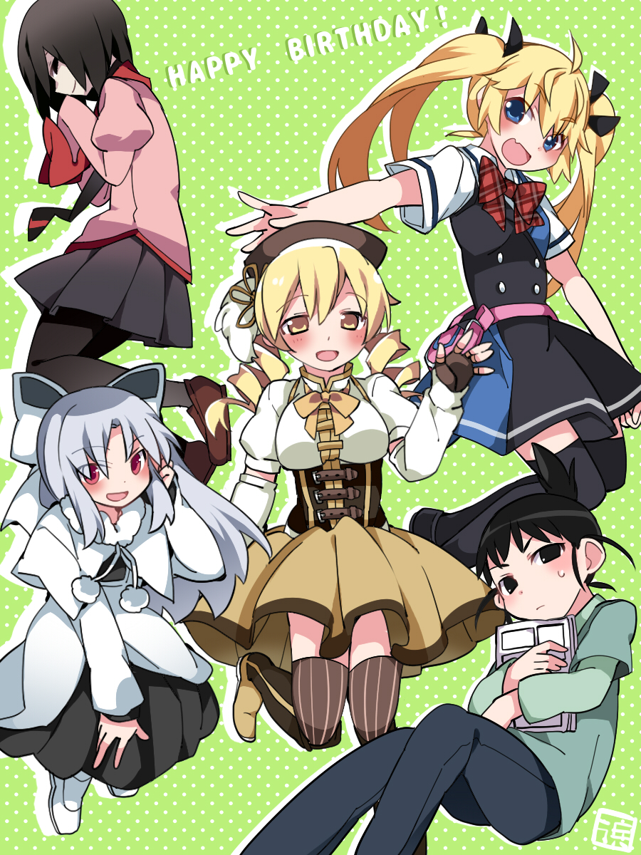 5girls beret black_eyes black_hair black_legwear blonde_hair blue_eyes bow brown_legwear character_request dress drill_hair fingerless_gloves genshiken gloves hammer_(sunset_beach) happy_birthday hat highres looking_at_viewer mahou_shoujo_madoka_magica melty_blood mizuhashi_kaori monogatari_(series) multiple_girls ogiue_chika oshino_ougi owarimonogatari plaid plaid_bow red_eyes seiyuu_connection short_hair sidelocks skirt sleeves_past_wrists thigh-highs tomoe_mami topknot tsukihime twin_drills twintails white_dress white_hair white_len yellow_eyes