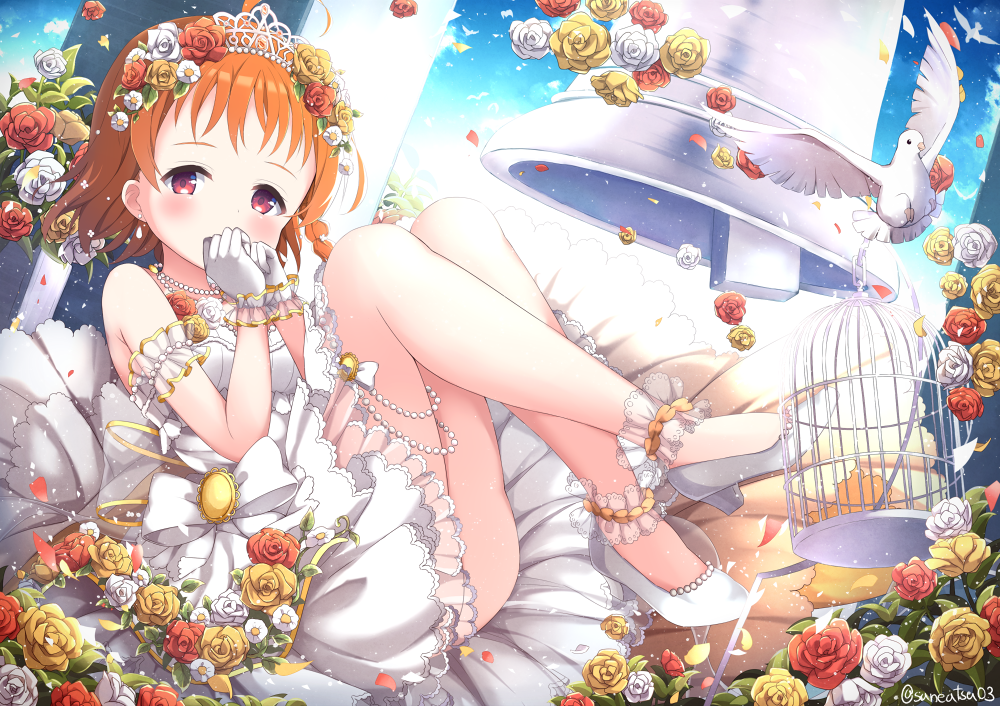 1girl ahoge armband bangs bell bird birdcage braid cage commentary covering_mouth crossed_ankles dove dress english_commentary flower gloves hair_flower hair_ornament hand_to_own_mouth hands_up high_heels jewelry knees_up looking_at_viewer love_live! love_live!_sunshine!! necklace niwasane_(saneatsu03) orange_hair pearl_necklace red_eyes red_flower red_rose ribbon rose short_hair side_braid solo takami_chika thighlet tiara twitter_username wedding_dress white_dress white_flower white_footwear white_gloves white_ribbon white_rose yellow_flower yellow_rose