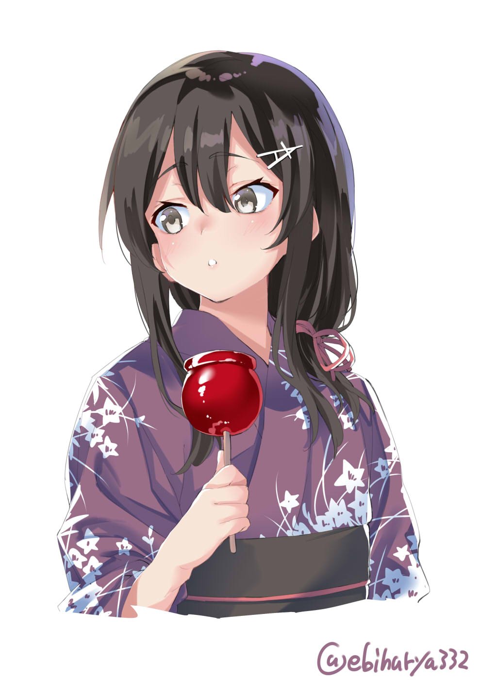 1girl alternate_costume alternate_hairstyle black_hair candy_apple ebifurya floral_print food grey_eyes hair_ornament hair_over_shoulder hairclip highres japanese_clothes kantai_collection kimono looking_to_the_side obi oyashio_(kantai_collection) parted_lips print_kimono purple_kimono sash simple_background solo twitter_username upper_body white_background yukata