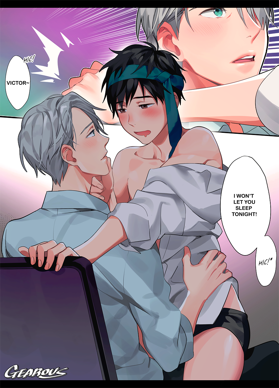 2boys artist_name black_hair blue_eyes blush boxers brown_eyes collared_shirt drooling drunk english gearous hand_on_another's_chin highres katsuki_yuuri male_focus multiple_boys necktie necktie_on_head no_pants shirt silver_hair sitting sitting_on_lap sitting_on_person underwear viktor_nikiforov yaoi yuri!!!_on_ice