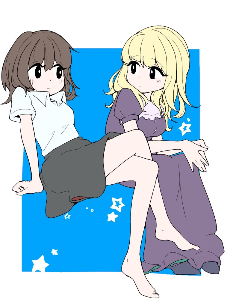 2girls barefoot black_eyes blonde_hair blue_background brown_hair dress eye_contact legs_crossed looking_at_another maribel_hearn medium_hair multiple_girls nemuindaze shirt short_hair simple_background sitting skirt star touhou usami_renko