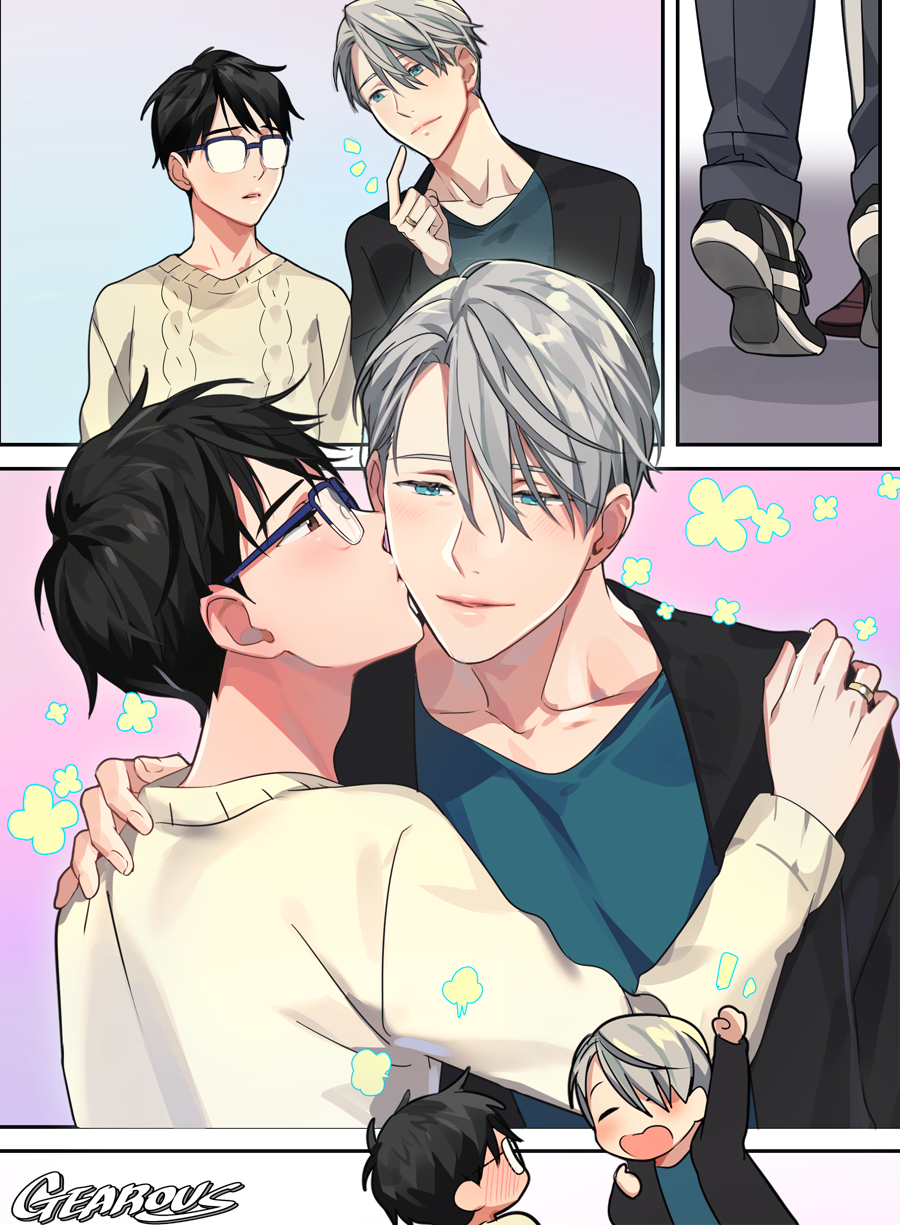 2boys artist_name black_hair blue-framed_eyewear blue_eyes blush brown_eyes cheek_kiss comic gearous glasses highres jewelry katsuki_yuuri kiss male_focus multiple_boys open_mouth pointing pointing_at_self ring silent_comic silver_hair smile sweater tiptoes viktor_nikiforov yaoi yuri!!!_on_ice