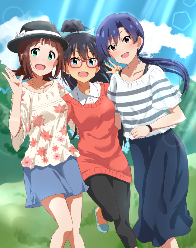 3girls :d alternate_hairstyle amami_haruka black_hair black_hat black_pants black_skirt blue_bow blue_eyes blue_hair blue_ribbon blue_shorts blue_sky bow bracelet brown_eyes brown_hair clouds collarbone day dress_shirt earrings floating_hair floral_print ganaha_hibiki glasses green_eyes hair_between_eyes hair_bow hair_ribbon hand_on_another's_shoulder hat hat_bow hat_ribbon head_tilt high_ponytail idolmaster idolmaster_(classic) jewelry kisaragi_chihaya leg_up lieass long_hair long_skirt looking_at_viewer multiple_girls necklace open_mouth outdoors pants ponytail print_shirt red-framed_eyewear red_sweater ribbon shirt short_hair short_shorts short_sleeves shorts skirt sky smile standing standing_on_one_leg striped striped_shirt sunlight sweater w white_bow white_ribbon white_shirt