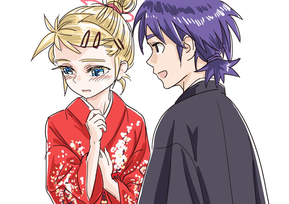 1boy 1girl blonde_hair blue_eyes blue_hair blush chrono_cross commentary_request japanese_clothes kid_(chrono_cross) kimono s-a-murai serge short_hair shy