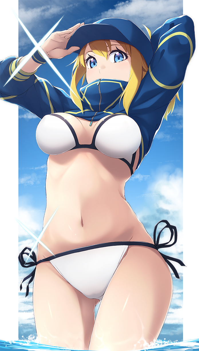 1girl adjusting_clothes adjusting_hat ass_visible_through_thighs baseball_cap beach bikini blonde_hair blue_eyes blue_sky border breasts clouds cropped_jacket fate/grand_order fate_(series) from_below hat highres lens_flare looking_at_viewer medium_breasts mku mysterious_heroine_xx_(foreigner) navel partially_submerged side-tie_bikini sky solo stomach swimsuit thigh_gap water white_bikini white_border wristband