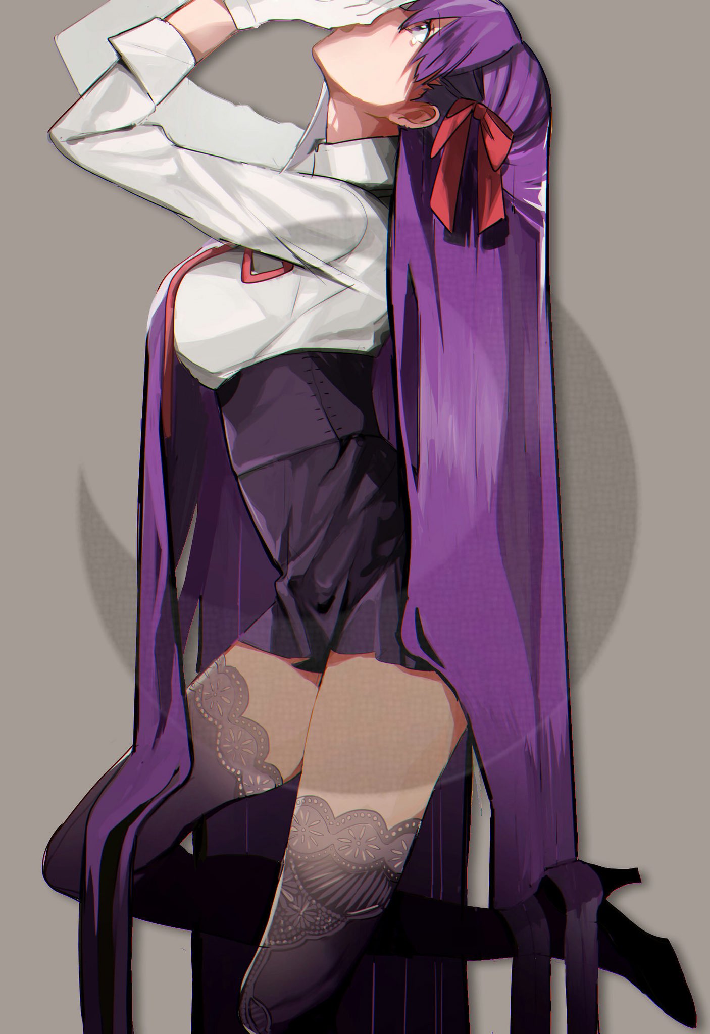 artist_request bb_(fate)_(all) bb_(fate/extra_ccc) breasts fate/grand_order fate_(series) gloves hair_ribbon high-waist_skirt highres lace lace-trimmed_thighhighs large_breasts long_hair purple_hair red_ribbon ribbon skirt thigh-highs very_long_hair violet_eyes white_gloves
