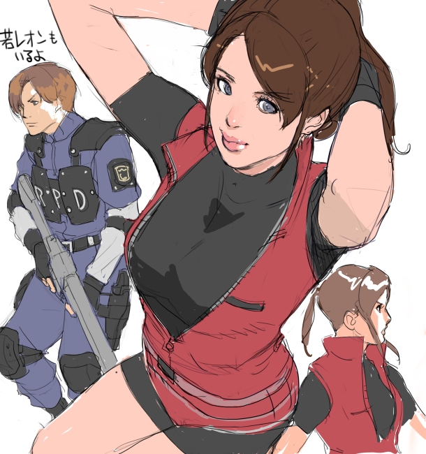 1boy 1girl artist_request bike_shorts blue_eyes brown_hair claire_redfield elbow_pads eyebrows_visible_through_hair fingerless_gloves gloves gun holding holding_gun holding_weapon leon_s_kennedy lipstick looking_at_viewer makeup police police_uniform ponytail resident_evil resident_evil_2 short_hair shorts simple_background smile uniform weapon white_background