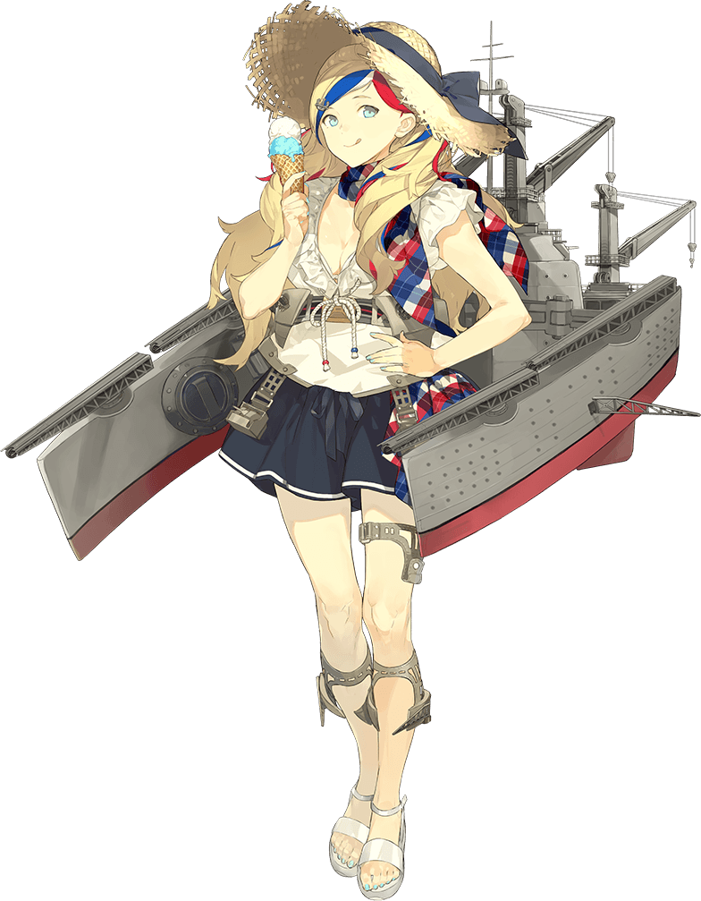 1girl :q akira_(kadokawa) black_ribbon black_skirt blonde_hair blouse blue_eyes blue_hair breasts cleavage commandant_teste_(kantai_collection) food full_body hair_ornament hand_on_hip hat hat_ribbon ice_cream kantai_collection long_hair looking_at_viewer medium_breasts multicolored_hair official_art redhead ribbon rigging sandals skirt smile solo straw_hat streaked_hair tongue tongue_out transparent_background white_hair