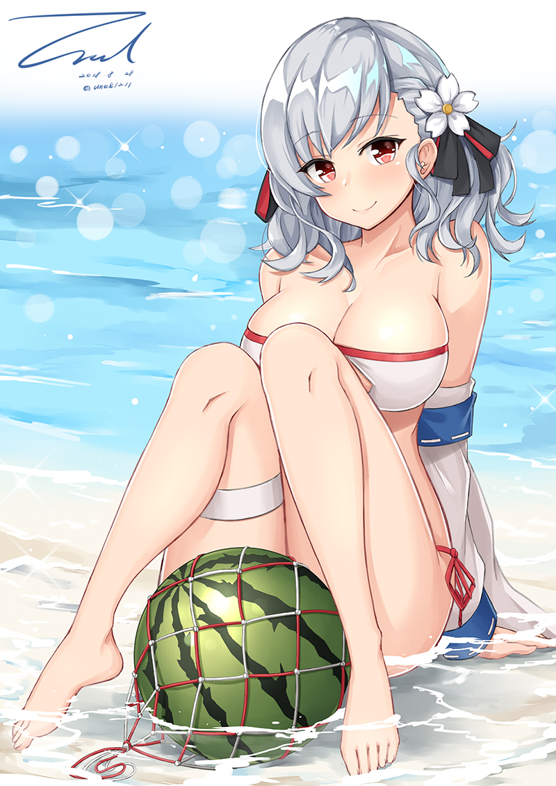 1girl alternate_costume arm_support bangs beach bikini black_ribbon blurry blush bokeh breasts cleavage closed_mouth collarbone dated day depth_of_field eyebrows_visible_through_hair food fruit full_body girls_frontline hair_ribbon jacket knees_up large_breasts leanign_back long_hair looking_at_viewer ocean off_shoulder outdoors red_eyes ribbon sand sidelocks signature silver_hair sitting skindentation smile solo sparkle spas-12_(girls_frontline) swimsuit thigh_strap twintails twitter_username unel watermelon white_bikini