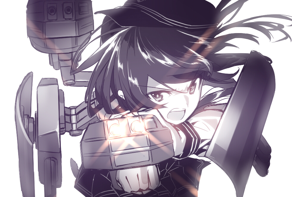 1girl :o akatsuki_(kantai_collection) armor blew_andwhite bloom clenched_hand commentary_request d: double_horizontal_stripe flat_cap gun hat kantai_collection long_hair looking_at_viewer miniskirt monochrome open_mouth pleated_skirt purple rigging school_uniform serafuku shirt short_sleeves sideways_hat simple_background skirt sleeve_cuffs solo upper_body v-shaped_eyebrows weapon white_background wind