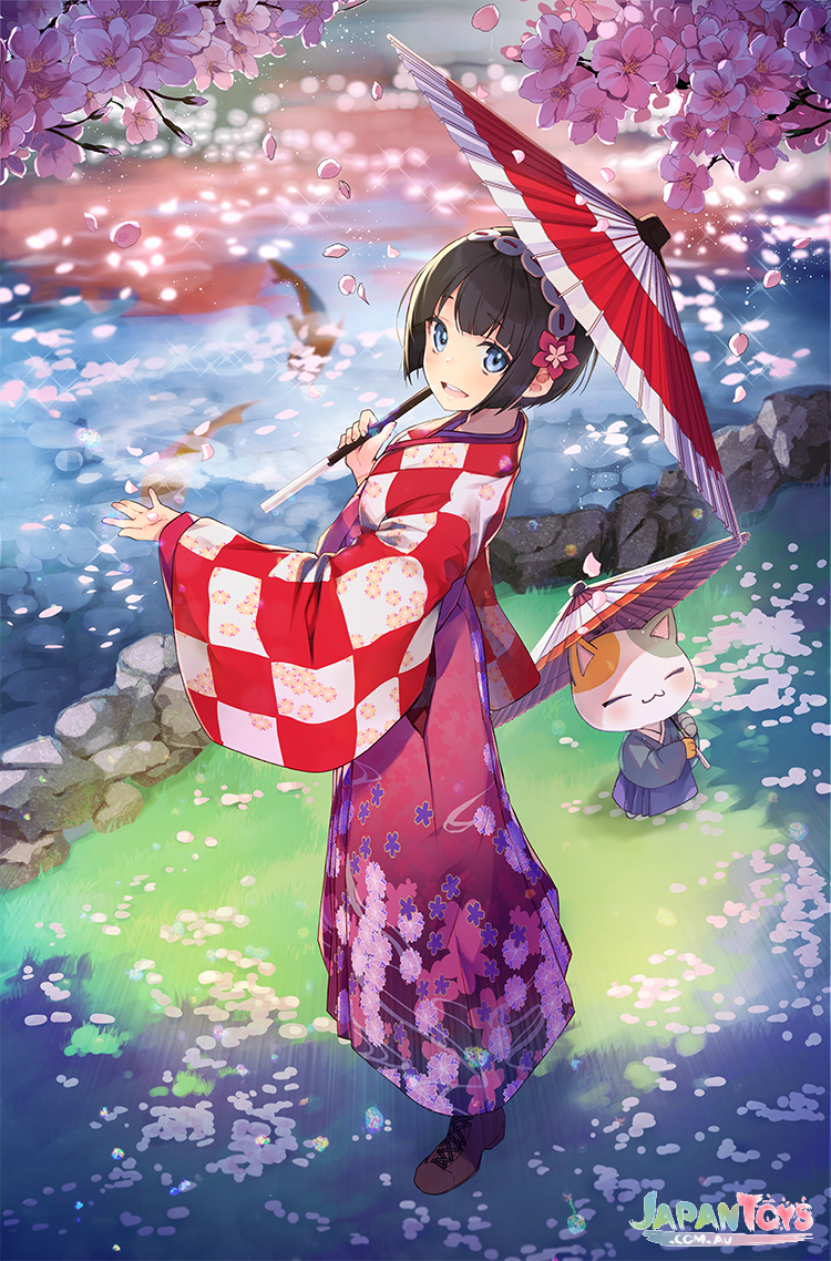 1girl :d animal bangs black_hair blue_eyes blue_hakama boots brown_footwear cat checkered checkered_kimono clothed_animal cross-laced_footwear day eyebrows_visible_through_hair fish floral_print flower from_above green_kimono hakama holding holding_umbrella japanese_clothes kimono lace-up_boots long_sleeves looking_at_viewer looking_up nagu open_mouth oriental_umbrella original outdoors petals pink_flower pond print_hakama red_hakama red_kimono round_teeth short_hair smile solo standing teeth umbrella upper_teeth water wide_sleeves