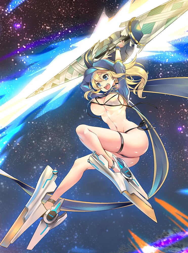 1girl ahoge arms_up artoria_pendragon_(all) ass bangs baseball_cap bikini blonde_hair blue_eyes blue_hat blue_scarf blush boots breasts cleavage fate/grand_order fate_(series) hair_between_eyes hat high_heel_boots high_heels hips lance large_breasts legs long_hair metal_boots mysterious_heroine_xx_(foreigner) navel open_mouth polearm ponytail scarf shrug_(clothing) side-tie_bikini smile solo space star_(sky) swimsuit teddy_(khanshin) thighs waist weapon white_bikini