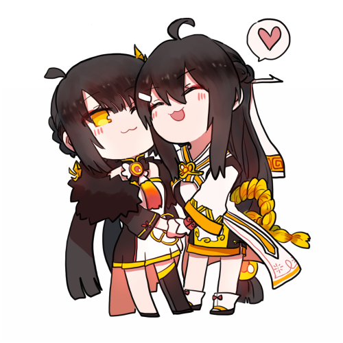 2girls ara_han black_hair blush chibi elsword hair_ornament hairpin heart hua_ge_pi long_hair lowres multiple_girls sakra_devanam_(elsword) yama_raja_(elsword) yellow_eyes yuri