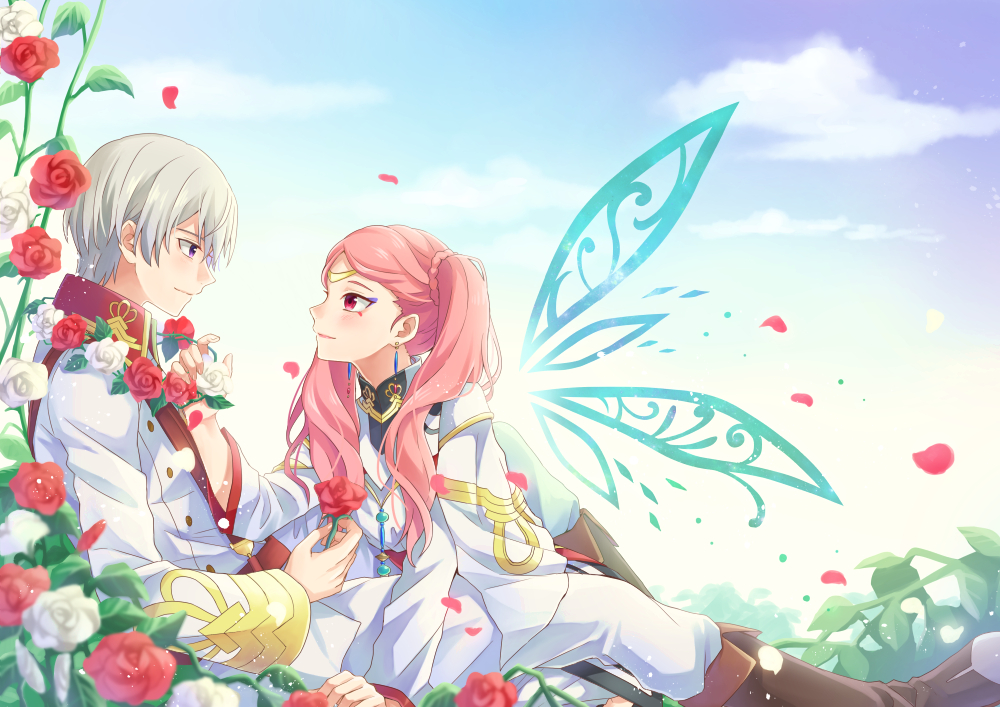 1boy 1girl bekkourico blue_sky boots brown_eyes brown_footwear clouds couple day eye_contact flower from_side jacket kakumeiki_valvrave knee_boots l-elf lieselotte_w_dorssia long_hair looking_at_another makeup mascara military military_uniform outdoors pants petals pink_hair red_eyes red_flower red_rose rose rose_petals silver_hair sky smile twintails uniform white_flower white_jacket white_pants white_rose