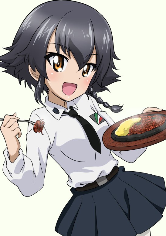 1girl :d anzio_school_uniform bangs belt black_belt black_hair black_neckwear black_skirt braid brown_eyes closed_mouth commentary dress_shirt dutch_angle emblem food fork girls_und_panzer head_tilt holding holding_food holding_fork kanau long_sleeves looking_at_viewer miniskirt necktie open_mouth pantyhose pasta pepperoni_(girls_und_panzer) pleated_skirt school_uniform shirt short_hair side_braid simple_background skirt smile solo standing steam white_background white_legwear white_shirt