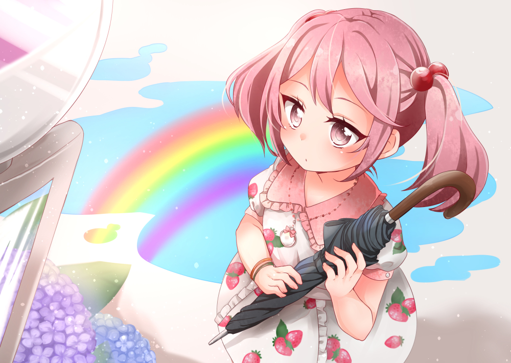 1girl alternate_costume blush closed_mouth dress flower food food_print fruit hoshina_mako kantai_collection long_hair pink_eyes pink_hair puddle rainbow sazanami_(kantai_collection) solo strawberry strawberry_print twintails umbrella