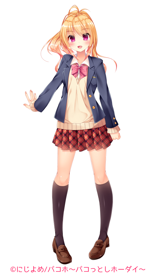 1girl arm_at_side black_legwear blonde_hair blue_jacket blush bow brown_footwear fujikura_ryuune full_body jacket kneehighs long_hair looking_at_viewer official_art penny_loafers pink_bow pink_eyes plaid plaid_skirt red_skirt school_uniform shoes skirt tachi-e