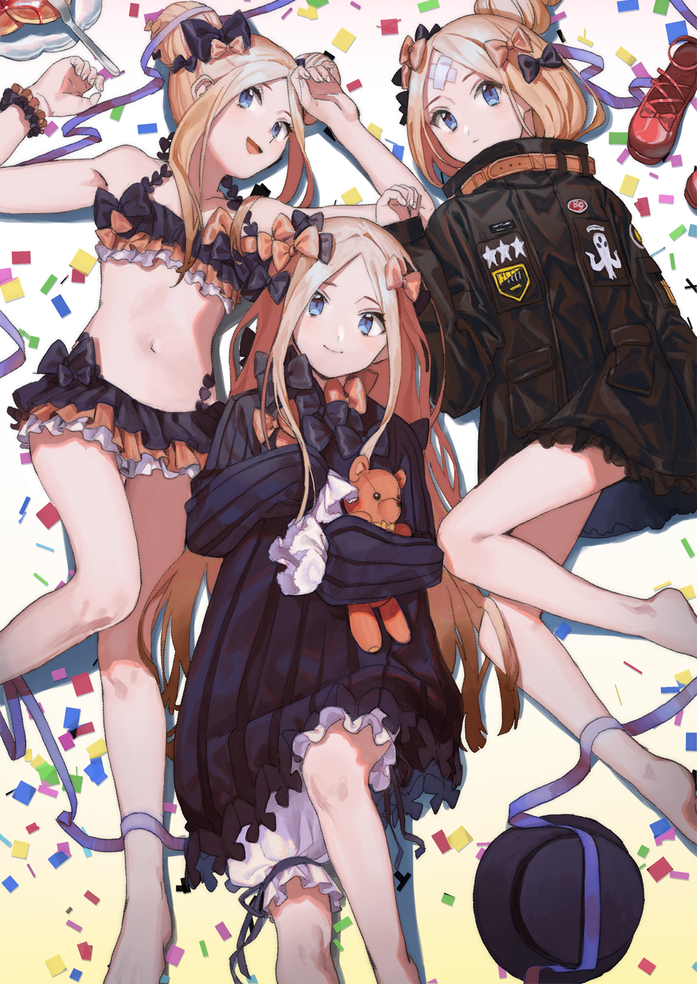 3girls abigail_williams_(fate/grand_order) bandaid_on_forehead barefoot bikini black_bow black_dress black_jacket blonde_hair blue_eyes blush bow closed_mouth confetti double_bun dress fate/grand_order fate_(series) frilled_bikini frills hair_bow highres jacket ka_4maki long_hair looking_at_viewer lying multicolored multicolored_bikini multicolored_clothes multiple_girls multiple_persona navel object_hug on_back open_mouth orange_belt orange_bow red_footwear ribbed_dress shoes sidelocks sleeves_past_fingers sleeves_past_wrists smile stuffed_animal stuffed_toy swimsuit teddy_bear very_long_hair