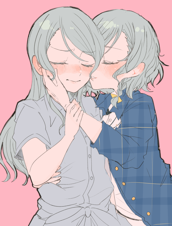 2girls bang_dream! blue_hair blush braid cheek_kiss closed_eyes hikawa_hina hikawa_sayo holding_another's_arm incest itomugi-kun kiss long_hair multiple_girls pink_background short_hair siblings sisters smile twincest twins yuri