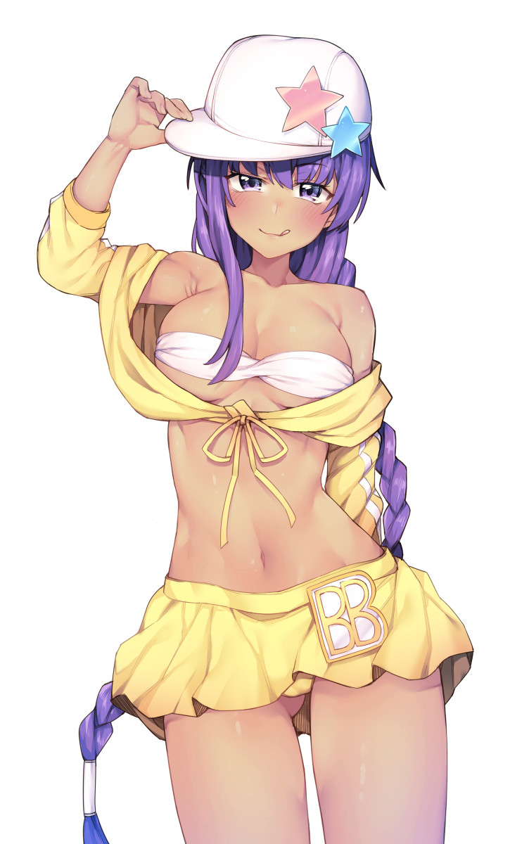 1girl :q arm_up ass_visible_through_thighs bangs bare_shoulders baseball_cap bb_(fate)_(all) bb_(swimsuit_mooncancer)_(fate) bikini_top blush braid breasts cleavage closed_mouth collarbone cowboy_shot eyebrows_visible_through_hair fate/grand_order fate_(series) fingernails front-tie_top hair_between_eyes hand_on_headwear hat head_tilt highres jacket jp06 long_sleeves looking_at_viewer medium_breasts navel off_shoulder pleated_skirt purple_hair simple_background single_braid skirt solo star tan tongue tongue_out violet_eyes white_background white_bikini_top white_hat yellow_jacket yellow_skirt
