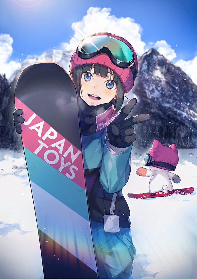 1girl :d animal animal_ears animal_hat bangs beanie black_gloves black_hair black_scarf blue_eyes blue_sky blush breath cat cat_ears cat_hat clouds day eyebrows_visible_through_hair glint gloves goggles goggles_on_headwear hand_up hat head_tilt mountain nagu open_mouth original outdoors pink_hat round_teeth scarf short_hair ski_goggles sky smile snow snowboard snowboarding solo standing teeth upper_teeth v winter_clothes