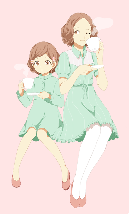 2girls brown_eyes brown_hair cup dress dual_persona flower green_dress hair_flower hair_ornament hi_06666 multiple_girls okumura_haru one_eye_closed pantyhose persona persona_5 persona_5_the_animation saucer steam teacup white_legwear younger