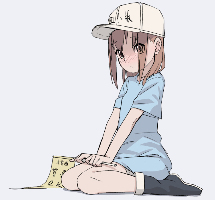 1girl baseball_cap black_footwear blue_shirt blush brown_eyes brown_hair clothes_writing dump eyes_visible_through_hair flag from_side full_body grey_shorts hat hataraku_saibou holding holding_flag looking_at_viewer nose_blush platelet_(hataraku_saibou) seiza shirt shorts sitting solo white_hat