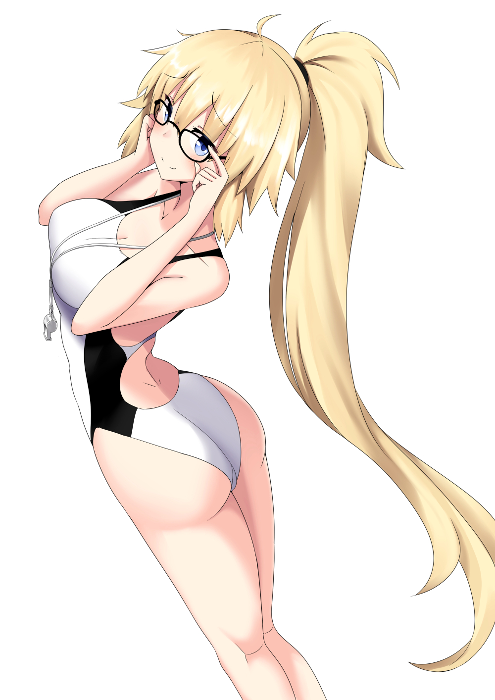 1girl adjusting_eyewear arched_back ass black-framed_eyewear blonde_hair blue_eyes competition_swimsuit fate/grand_order fate_(series) feet_out_of_frame from_behind highres jeanne_d'arc_(fate) jeanne_d'arc_(fate)_(all) jeanne_d'arc_(swimsuit_archer) long_hair minato_yoshihiro one-piece_swimsuit ponytail simple_background solo standing swimsuit very_long_hair whistle whistle_around_neck white_background white_swimsuit