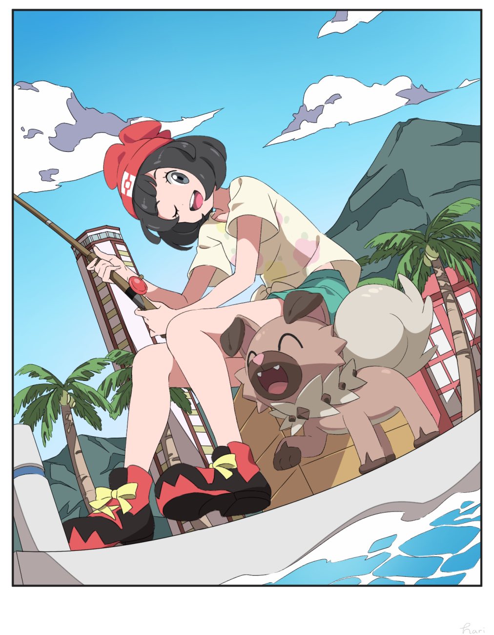 1girl beanie black_eyes black_hair blue_sky clouds crate creatures_(company) day fishing_rod game_freak gen_7_pokemon green_shorts hari611 hat highres mizuki_(pokemon) mountain nintendo one_eye_closed open_mouth outdoors palm_tree pokemon pokemon_(creature) pokemon_(game) pokemon_sm red_hat rockruff shirt short_hair short_sleeves shorts sitting sky tied_shirt tree water