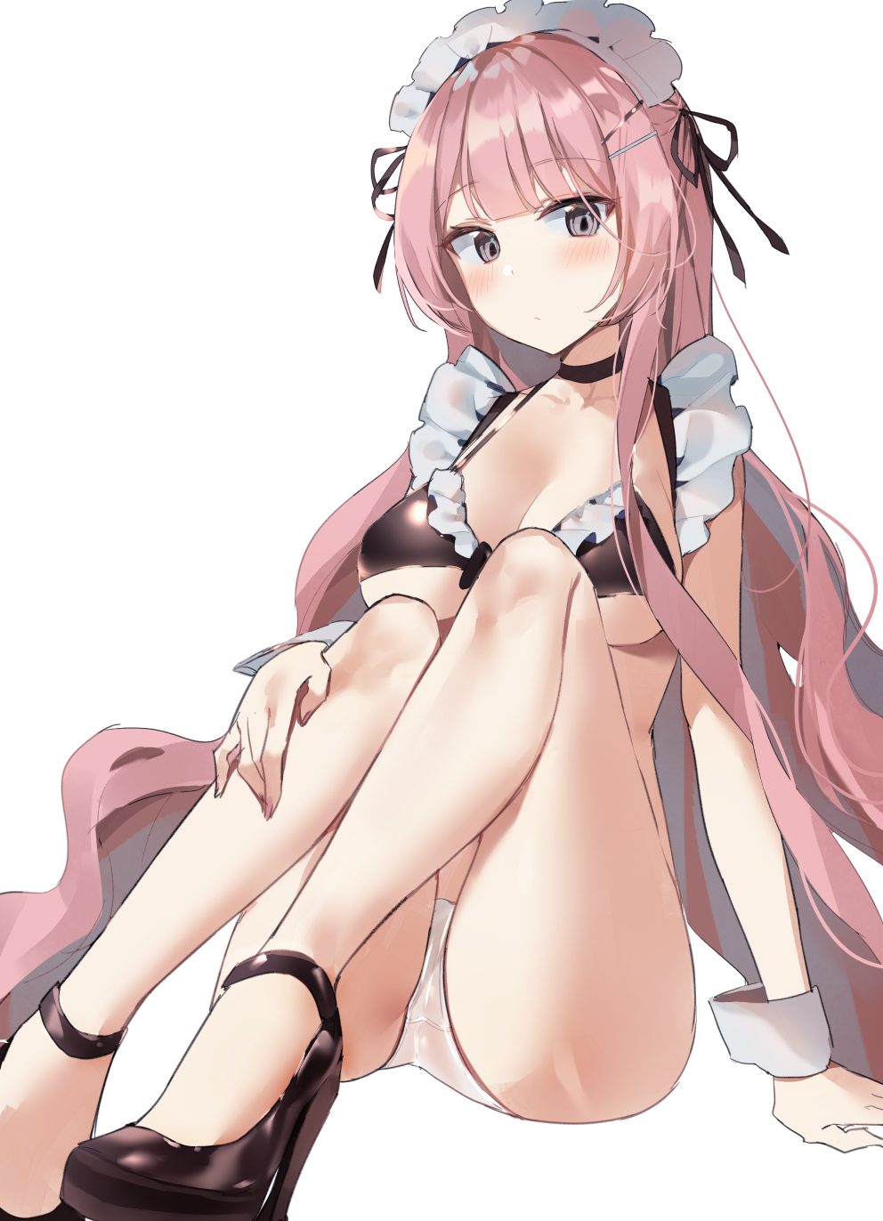 1girl bangs bare_legs bikini black_bikini black_footwear blush breasts cleavage closed_mouth frills grey_eyes hair_ornament hairclip high_heels highres knees_up large_breasts long_hair looking_at_viewer maid maid_bikini maid_headdress original pink_hair sabet_(young_ouo) sidelocks simple_background sitting solo swimsuit thighs under_boob very_long_hair wavy_hair white_background wrist_cuffs