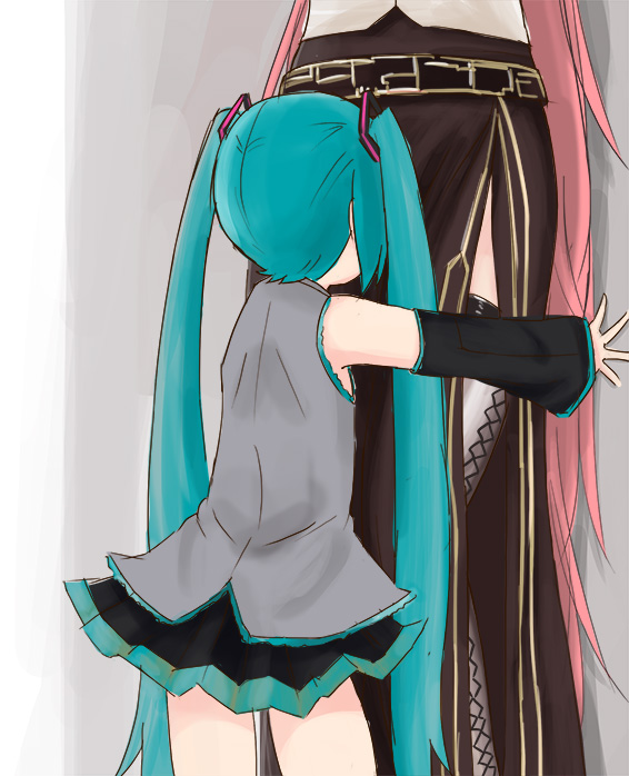 2girls against_wall aqua_hair azilyannki belt detached_sleeves facing_another hatsune_miku height_difference long_hair long_skirt megurine_luka multiple_girls outstretched_arm pink_hair shirt side_slit skirt standing thigh-highs twintails very_long_hair vocaloid wall_slam zettai_ryouiki