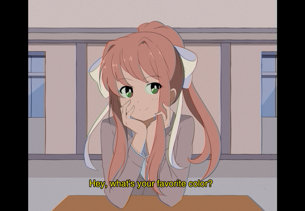 1girl 80s brown_hair chin_rest chocomiru commentary doki_doki_literature_club english english_commentary eyebrows_visible_through_hair eyes_visible_through_hair green_eyes grey_jacket hair_ribbon indoors jacket long_hair looking_at_viewer monika_(doki_doki_literature_club) oldschool pillarboxed ponytail ribbon school_uniform smile solo subtitled upper_body white_ribbon