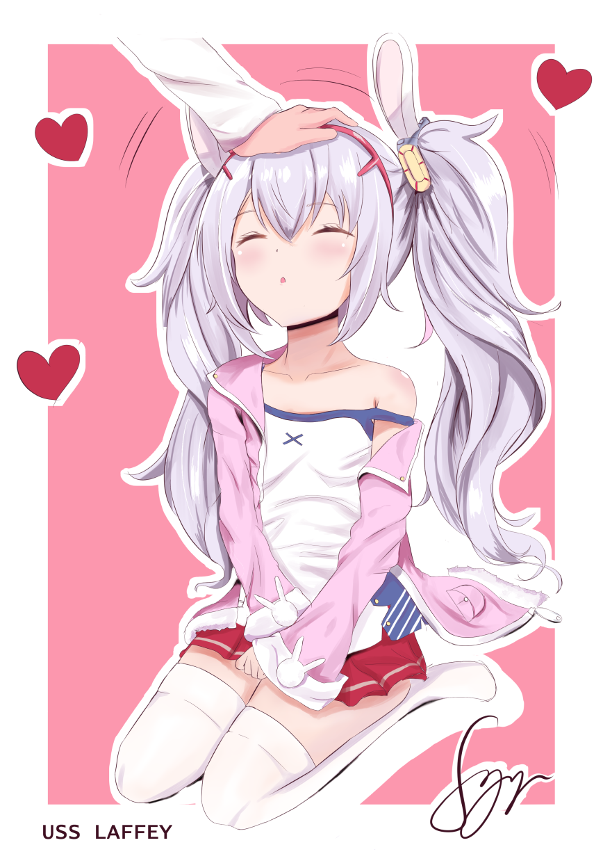 1girl :o animal_ears azur_lane camisole character_name closed_eyes collarbone commentary cropped_arms english_commentary facing_viewer hair_ornament hairband heart highres jacket laffey_(azur_lane) long_hair long_sleeves no_shoes off_shoulder open_clothes open_jacket out_of_frame outline parted_lips petting pink_jacket pleated_skirt rabbit_ears red_hairband red_skirt seiza silver_hair sitting skirt sleeves_past_wrists solo_focus strap_slip syyn_(syyndev) thigh-highs twintails very_long_hair white_camisole white_legwear white_outline