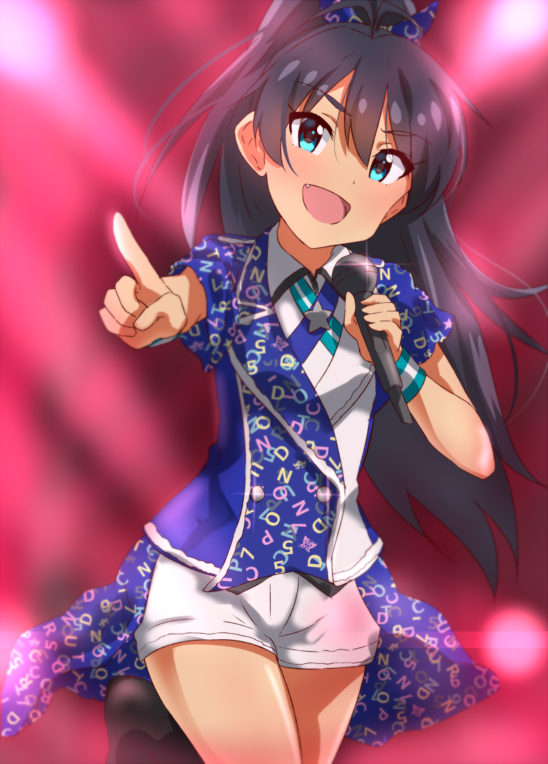 1girl :d aqua_eyes black_hair blue_bow bow cowboy_shot eyebrows_visible_through_hair fang floating_hair ganaha_hibiki hair_between_eyes hair_bow head_tilt high_ponytail holding holding_microphone idolmaster idolmaster_(classic) index_finger_raised leg_up lieass long_hair looking_at_viewer microphone open_mouth outstretched_arm shiny shiny_hair short_shorts short_sleeves shorts smile solo sparkle standing standing_on_one_leg very_long_hair white_shorts wristband