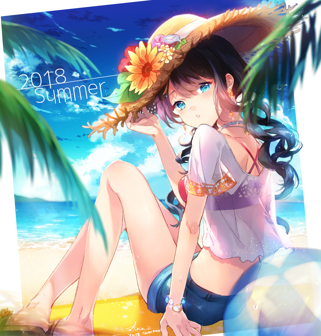 1girl 2018 arm_up ball bangs beach beachball bikini_top black_hair blue_eyes blue_flower blue_shorts blue_sky blurry blurry_foreground blush clouds commentary_request day depth_of_field dutch_angle earrings english eyebrows_visible_through_hair flower food fruit hair_between_eyes hand_on_headwear hat hat_flower horizon jewelry long_hair looking_at_viewer looking_to_the_side ocean orange_flower original outdoors palm_tree parted_lips purple_flower red_bikini_top red_flower sand see-through shinia shirt short_shorts short_sleeves shorts sitting sky solo strawberry summer transparent tree very_long_hair water white_shirt wide_sleeves