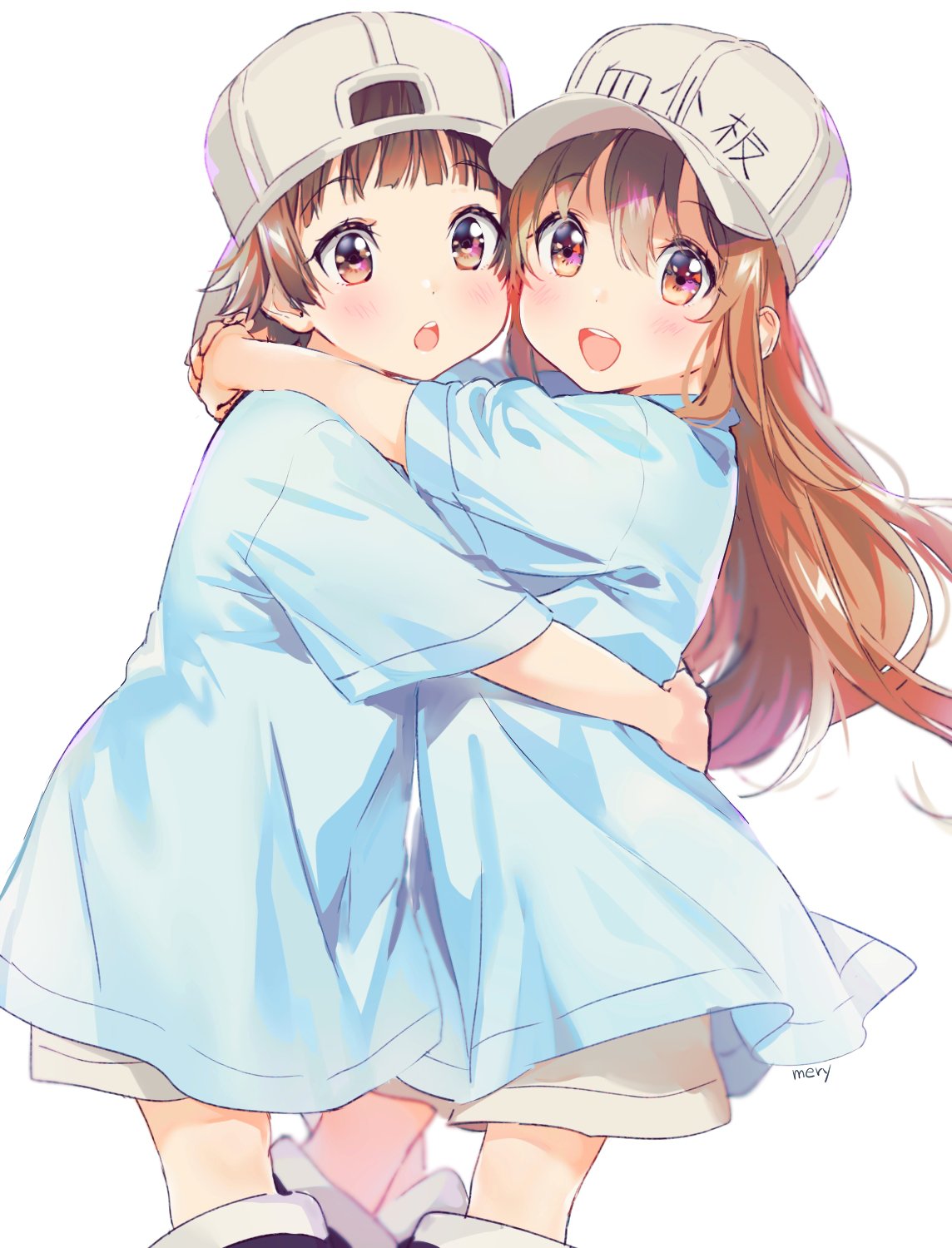 1boy 1girl artist_name backwards_hat boots brown_eyes eyebrows_visible_through_hair flat_cap hat hataraku_saibou highres hug long_hair looking_at_viewer mery_(apfl0515) oversized_clothes platelet_(hataraku_saibou) shirt short_hair short_sleeves shorts simple_background smile t-shirt