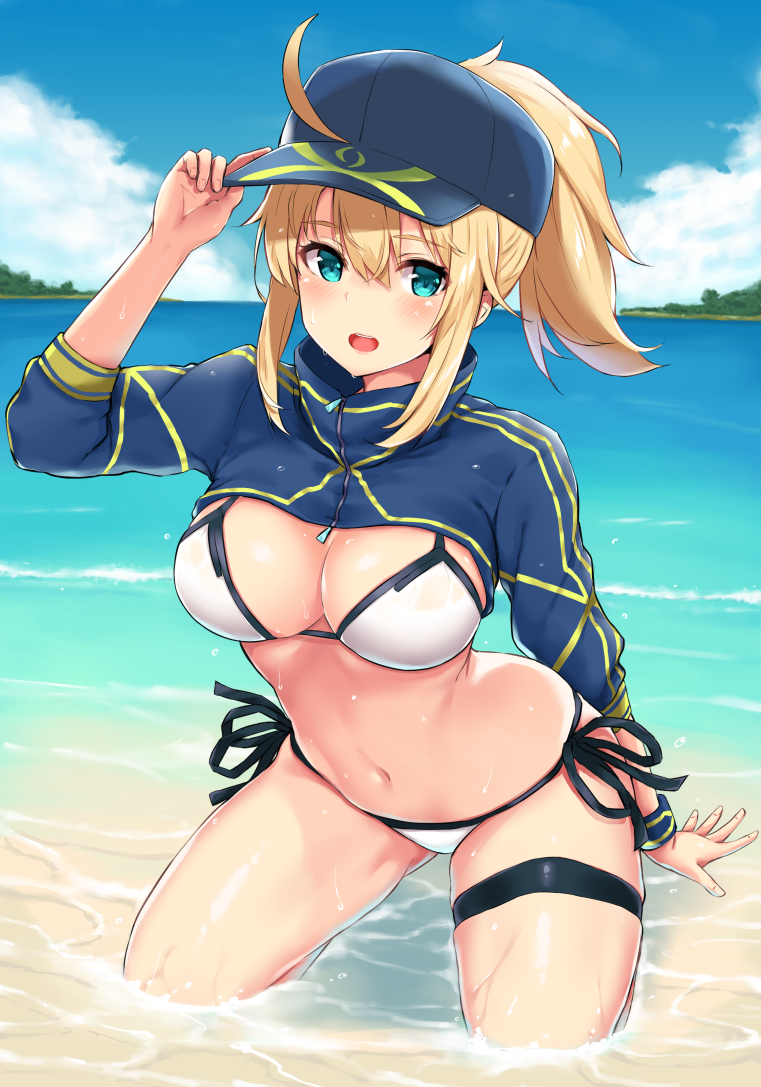 1girl ahoge artoria_pendragon_(all) baseball_cap beach bikini blonde_hair blue_eyes blue_hat blue_sky blurry blush breasts cleavage collarbone commentary_request day depth_of_field eyebrows_visible_through_hair fate/grand_order fate_(series) hair_between_eyes halterneck hat leaning_forward long_hair looking_at_viewer medium_breasts mitsukazu_(nijigen_complex) mysterious_heroine_xx_(foreigner) navel ocean open_mouth outdoors ponytail sand side-tie_bikini sidelocks sitting sky solo stomach swimsuit thigh_strap thighs water wet wet_clothes white_bikini