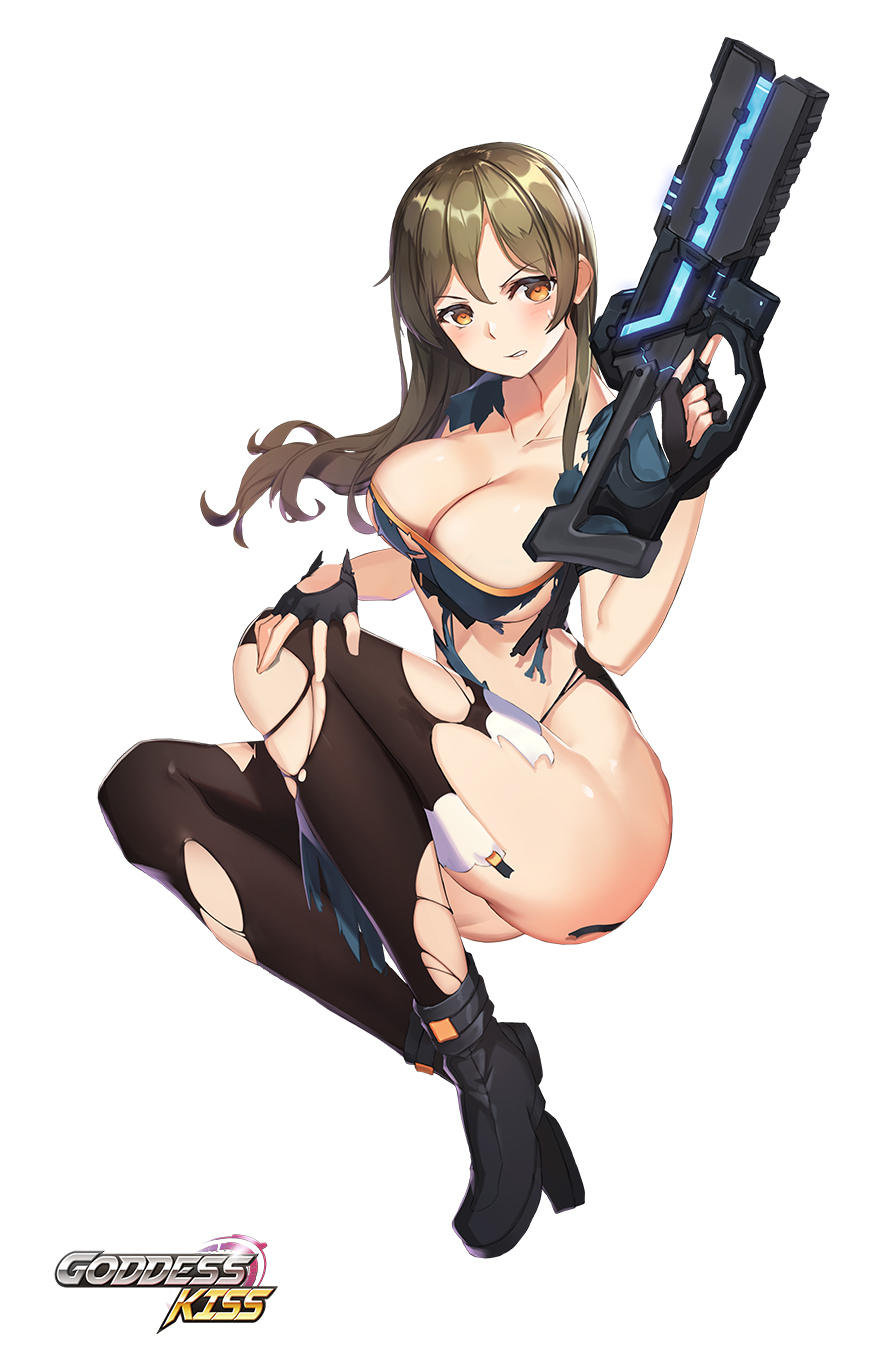 1girl bangs blush bow bowtie breasts brown_hair brown_legwear cleavage cross energy_gun full_body goddess_kiss gun highres holding holding_gun holding_weapon invisible_chair large_breasts laser_rifle legs_together medium_hair milyu nun orange_eyes simple_background sitting solo thigh-highs torn_clothes torn_thighhighs trigger_discipline weapon white_background