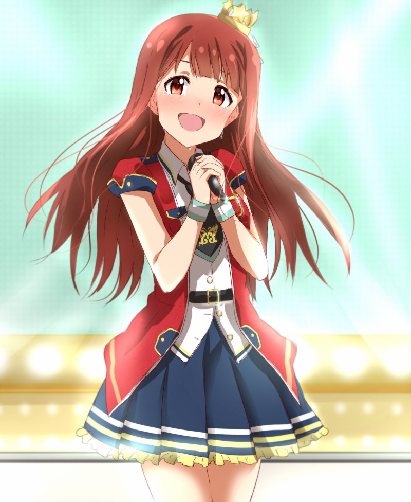 1girl :d belt blue_skirt blush brown_hair cowboy_shot crown crying crying_with_eyes_open floating_hair frilled_skirt frills head_tilt holding holding_microphone idol idolmaster idolmaster_million_live! idolmaster_million_live!_theater_days lieass long_hair microphone mini_crown miniskirt open_mouth pleated_skirt red_eyes shiny shiny_hair short_sleeves skirt smile solo standing tanaka_kotoha tears wristband