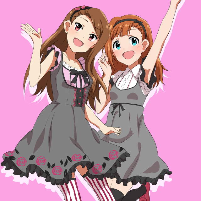 2girls :d alternate_hairstyle arm_up armpits black_bow black_hairband black_legwear black_ribbon bow bowtie breasts brown_hair collarbone cosplay dress dress_shirt frilled_dress frills grey_dress hair_bow hairband head_tilt idolmaster idolmaster_(classic) idolmaster_million_live! idolmaster_million_live!_theater_days leg_up lieass long_hair minase_iori minase_iori_(cosplay) multiple_girls open_mouth pink_background pink_bow red_eyes ribbon shirt short_dress simple_background sleeveless sleeveless_dress small_breasts smile standing standing_on_one_leg striped striped_legwear takatsuki_yayoi thigh-highs vertical-striped_legwear vertical_stripes white_shirt