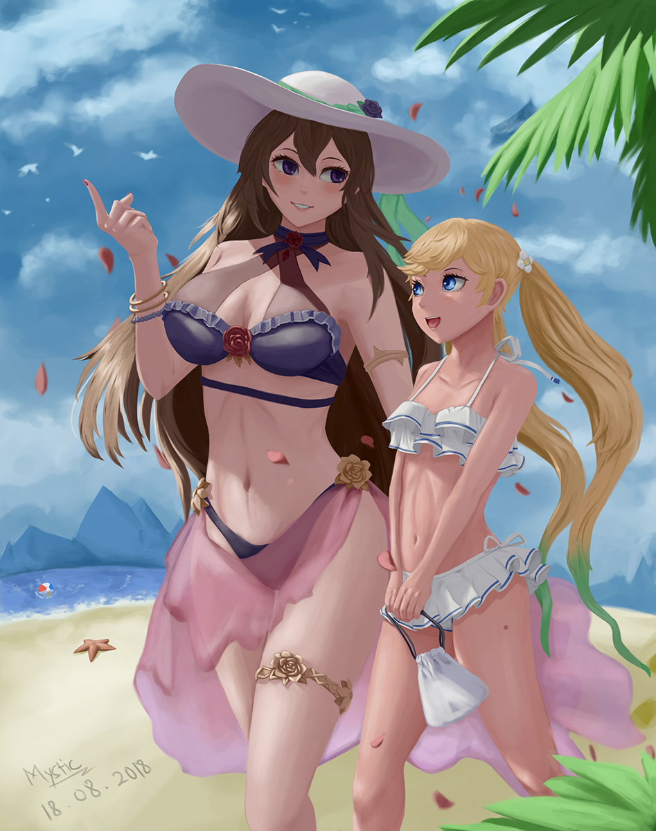 2018 2girls :d armlet artist_name ball beach beachball bikini bird blonde_hair blue_eyes blush breasts brown_hair clouds dated day flower frilled_bikini frills granblue_fantasy green_hair hair_between_eyes hair_flower hair_ornament hat highres holding io_euclase long_hair looking_at_another medium_breasts multicolored_hair multiple_girls nail_polish navel number open_mouth outdoors parted_lips petals pointing pointing_up poo_kai_jun pouch rosetta_(granblue_fantasy) sarong sky smile starfish swimsuit thighlet twintails very_long_hair violet_eyes walking white_hat white_swimsuit