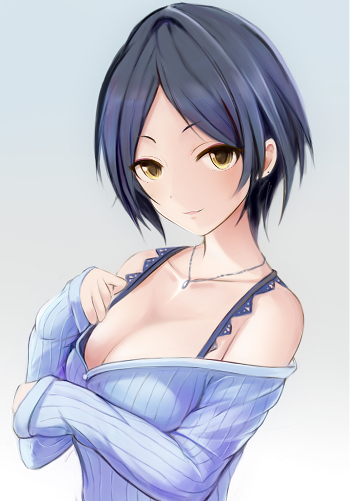 1girl bare_shoulders black_hair bra_strap breasts cleavage ear_piercing eyeliner hayami_kanade idolmaster idolmaster_cinderella_girls large_breasts looking_at_viewer makeup nannacy7 necktie open_mouth piercing ribbed_sweater smile solo sweater upper_body yellow_eyes