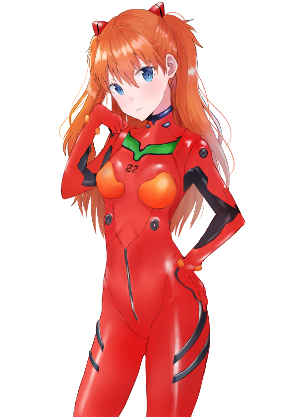 1girl :3 bangs blue_eyes blush bodysuit breasts brown_hair closed_mouth cowboy_shot eyebrows_visible_through_hair hair_between_eyes hand_on_hip hand_up kubong long_hair looking_at_viewer neon_genesis_evangelion pilot_suit plugsuit red_bodysuit simple_background small_breasts solo souryuu_asuka_langley standing two_side_up white_background