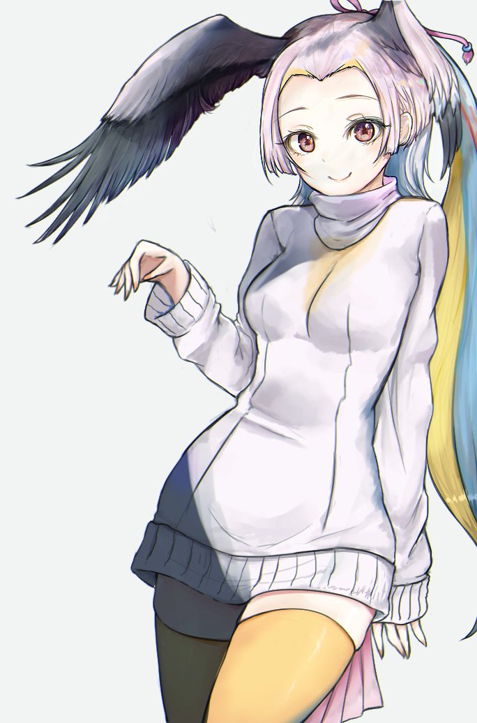 1girl bird_wings blonde_hair blue_hair commentary_request dnsdltkfkd dress forehead great_white_pelican_(kemono_friends) hair_intakes head_wings kemono_friends long_hair long_ponytail long_sleeves multicolored_hair ponytail red_eyes redhead sleeves_past_wrists solo sweater sweater_dress thigh-highs turtleneck white_hair wings yellow_legwear zettai_ryouiki