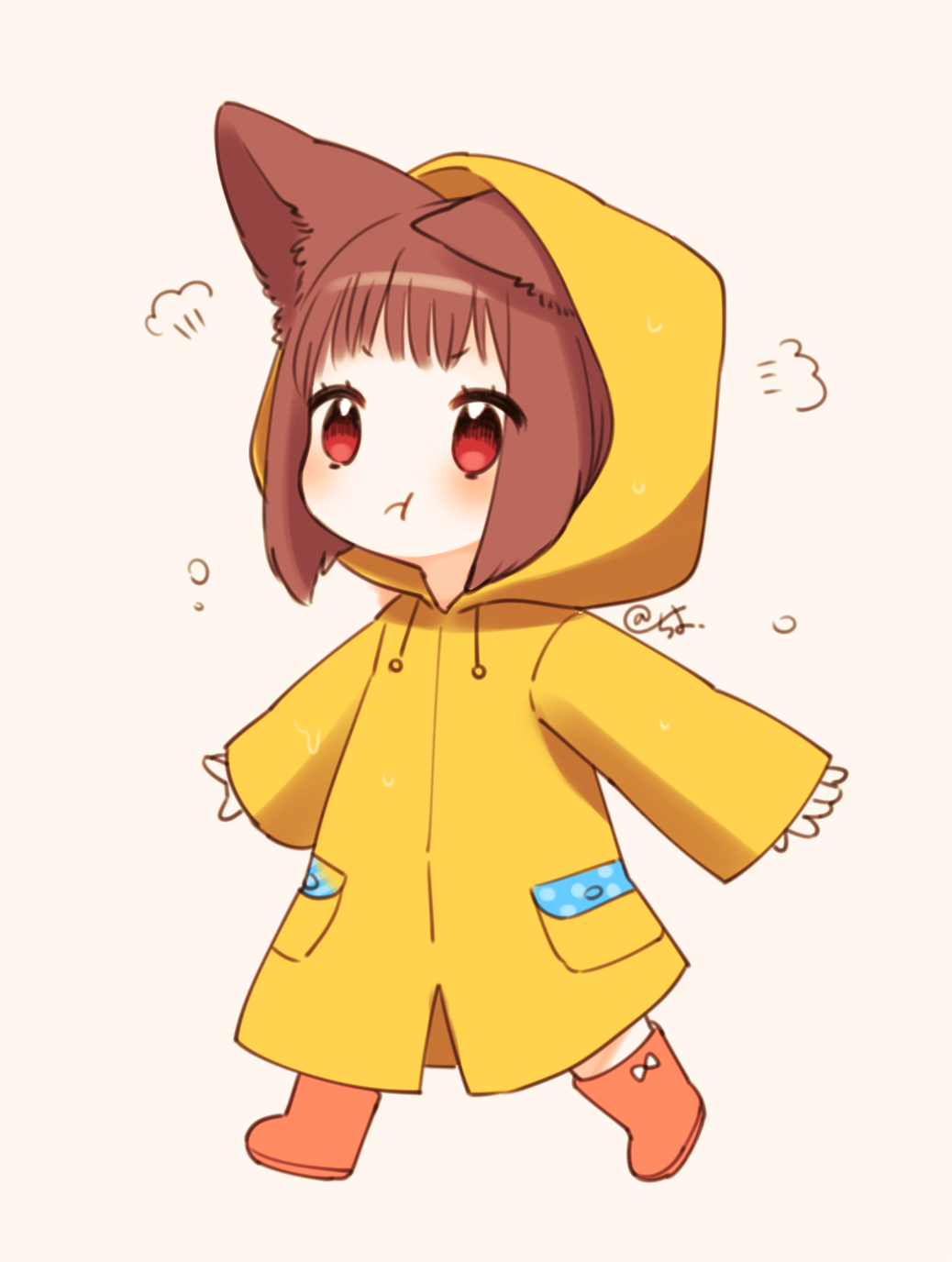 1girl animal_ears boots brown_hair closed_mouth final_fantasy final_fantasy_xiv highres hood hood_up hooded_coat lalafell raincoat red_eyes rubber_boots sakura_chiyo_(konachi000) short_hair solo walking wet white_background wolf_ears