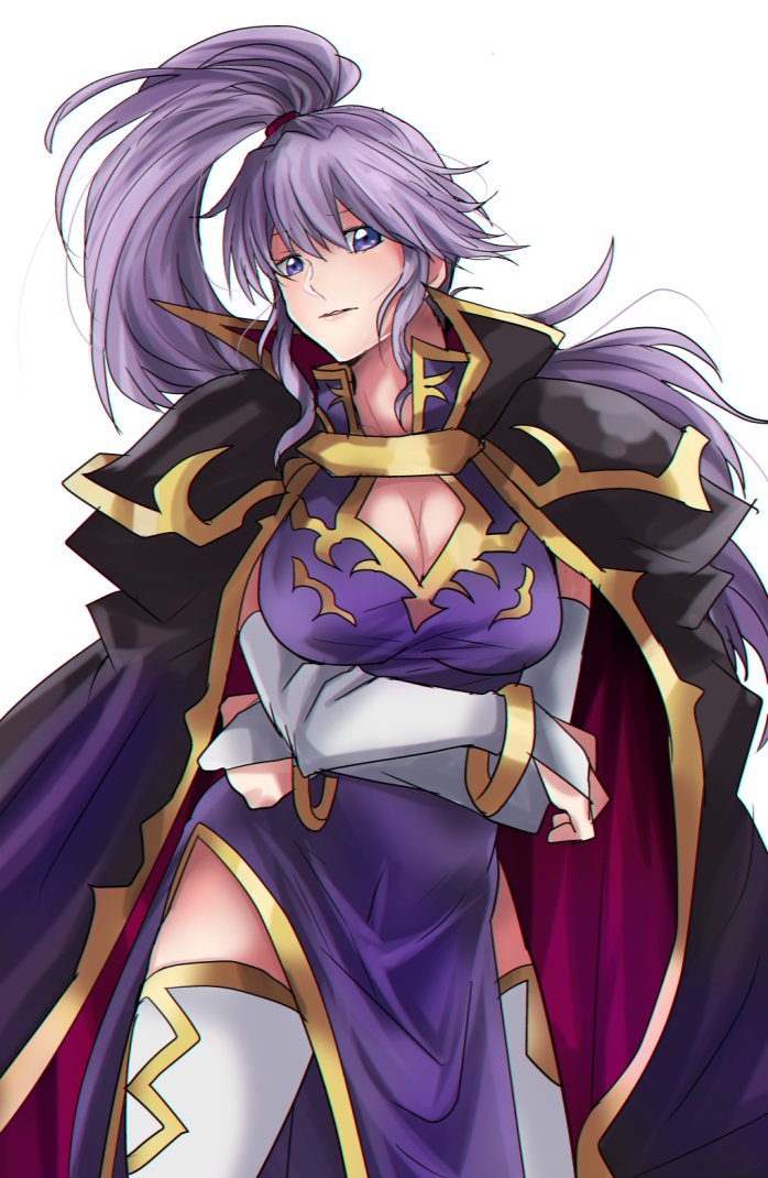 breasts cape cleavage crossed_arms elbow_gloves fire_emblem fire_emblem:_seisen_no_keifu fire_emblem:_thracia_776 fire_emblem_heroes gloves ishtar_(fire_emblem) large_breasts long_hair pauldrons ponytail purple_hair rem_sora410 simple_background violet_eyes white_background