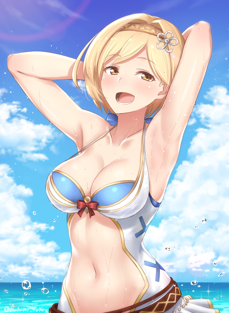 1girl :d armpits arms_behind_head blonde_hair blue_sky blush breasts clouds collarbone commentary_request day djeeta_(granblue_fantasy) eyebrows_visible_through_hair futami_(mg42fw190d) granblue_fantasy hair_ornament hairband highres looking_at_viewer medium_breasts navel ocean open_mouth short_hair sky smile solo swimsuit teeth twitter_username wet yellow_eyes
